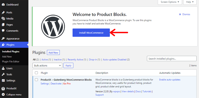 Install WooCommerce Beforehand to Use ProductX Plugin