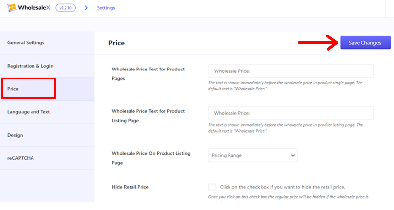 configure pricing and save changes
