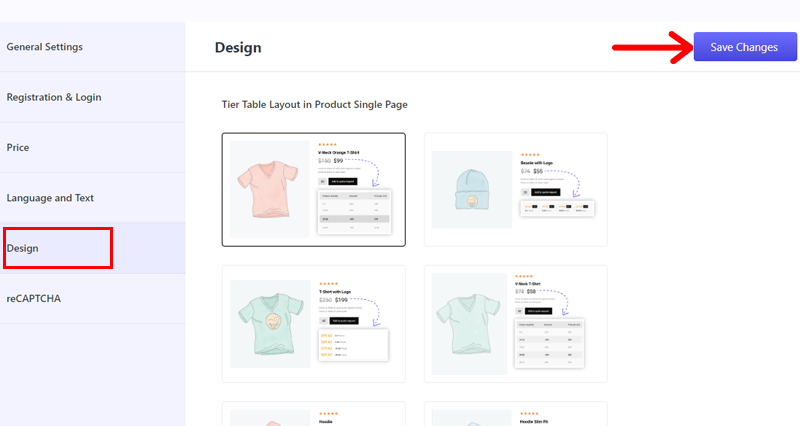 configure design option and save changes